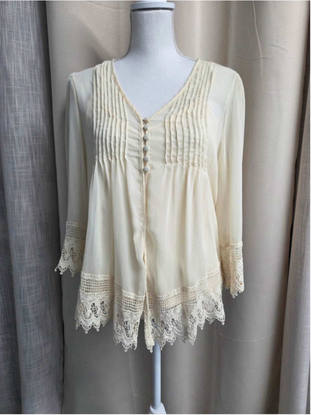 Adiva Women's Cream Lace Blouse Cottagecore Fairycore Boho Coquette Size L